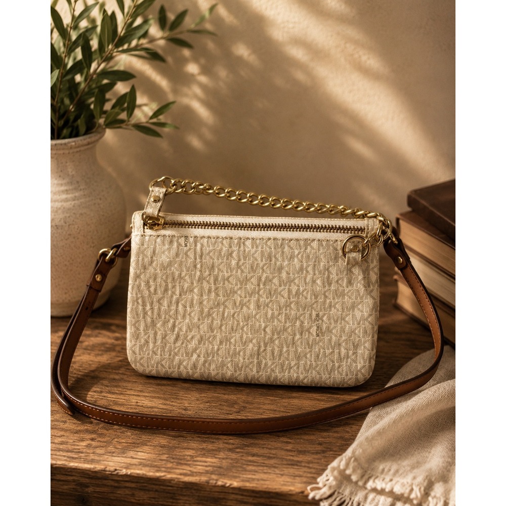 Michael Kors Monogram fanny belt Bag Vanilla Gold Chain Small Pouch purse clutch